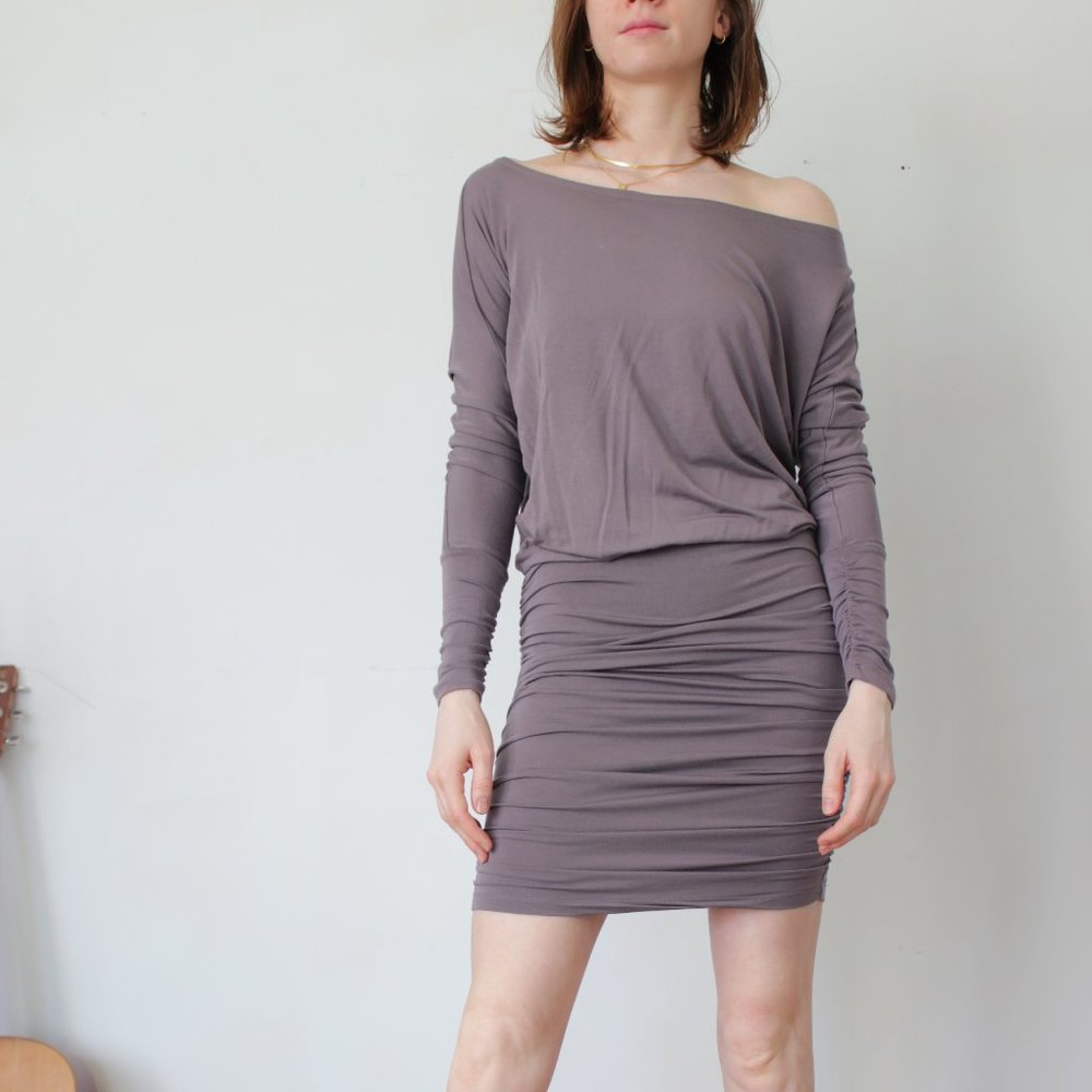 softest modal jersey draped off-the-shoulder dress, peppercorn, size S
